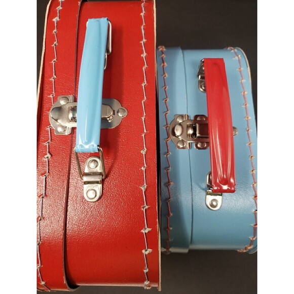 Two European Mini Suitcases for Toys or Doll Clothes Red Blue Metal Handle Clasp - Picture 13 of 16